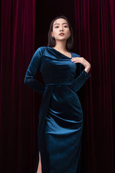Velvet long-sleeve gown with draped neckline and high slit in soft stretch velvet fabric